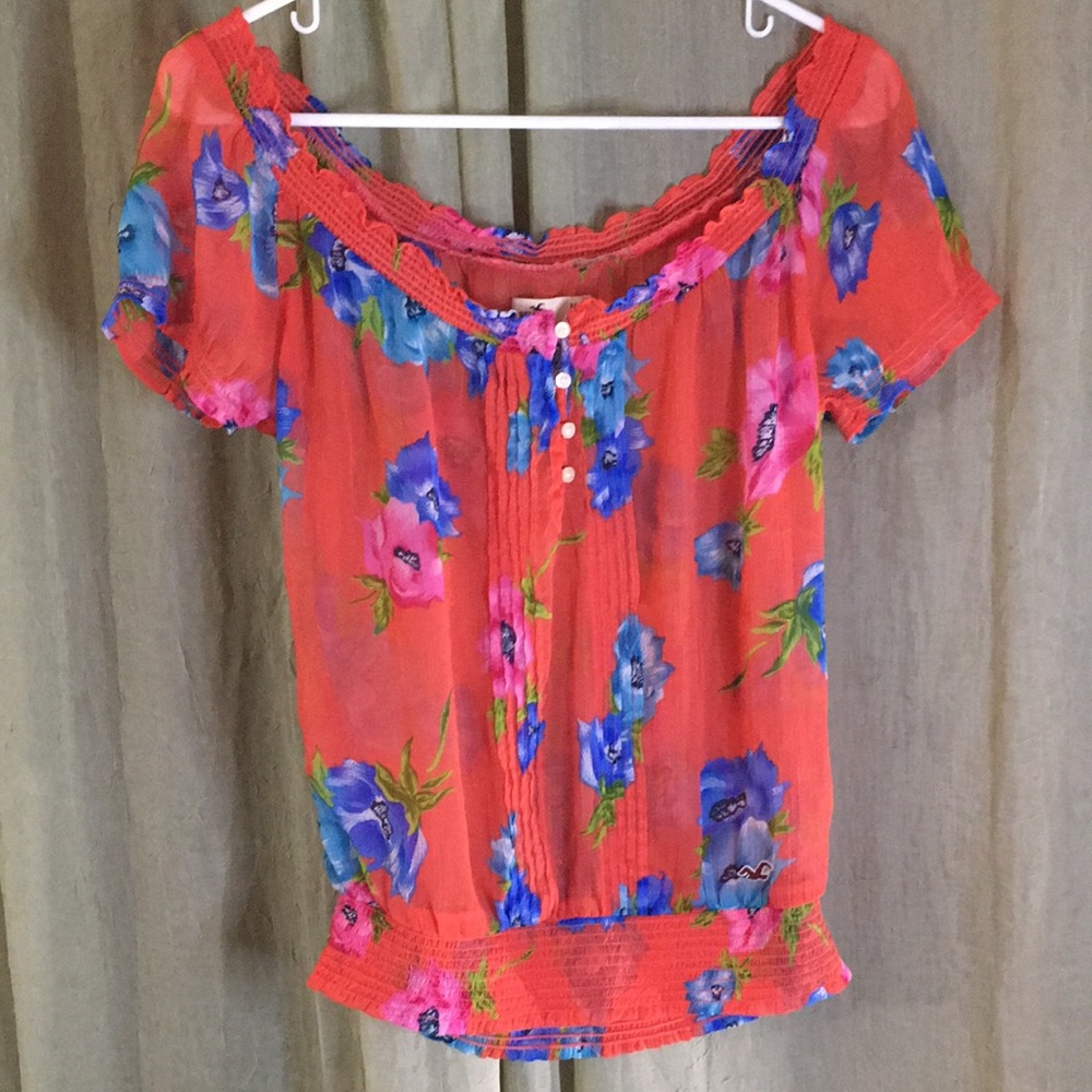 HOLLISTER Sheer orange and blue floral top